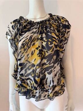 Focus 2000 Yellow Black Sheer Ruffled Animal-Abstract Print Vintage Blouse Sz 6